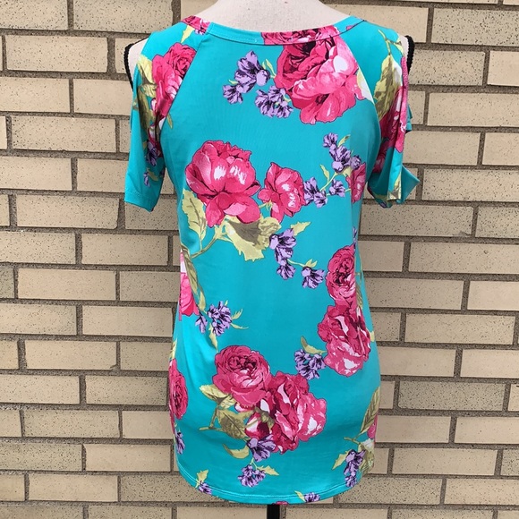 PS Kate Teal Blue Cold Shoulder Floral Ladder Cut-out Short Sleeve Top NEW - Picture 7 of 11